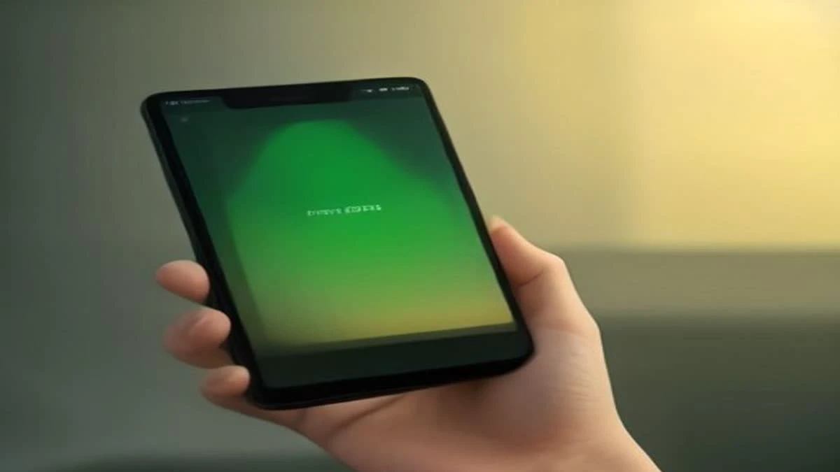A hand holding a smartphone showing an abstract green bar chart under mixed daylight and amber interior light, framed tightly on the screen